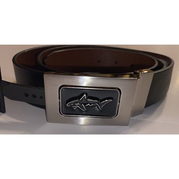 Greg Norman Genuine Leather Belt 44 Reversible Black/Brown Logo Buckle - NEW - Picture 3 of 3